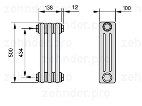 Схема (чертеж) Радиатор Zehnder Charleston 3050/3 №1270 Белый глянцевый RAL 9016